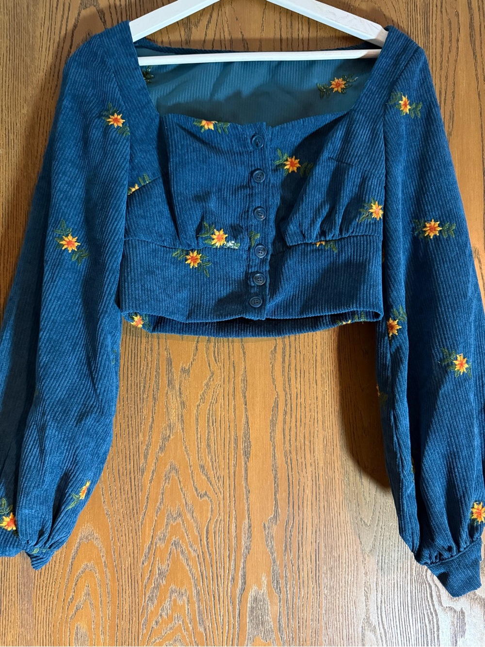 Cider Teal Blue Corduroy Cropped Blouse with Yellow Floral Embroidery